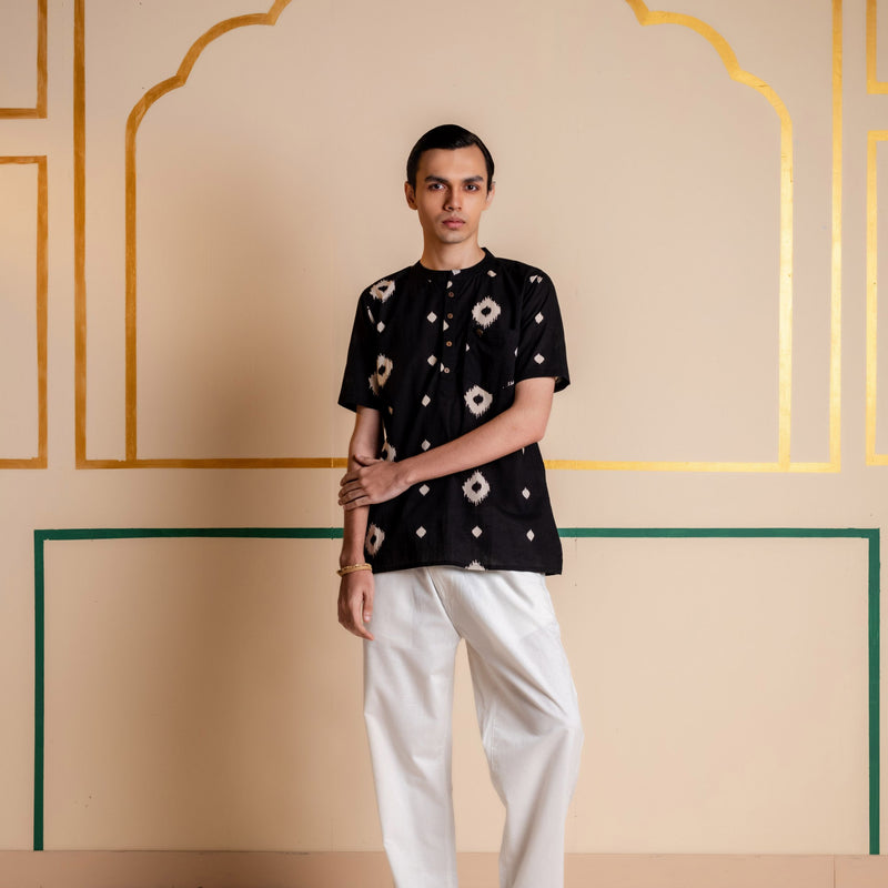 Men's Printed Short Cotton Kurta - Half Sleeve | Charcoal Abstract