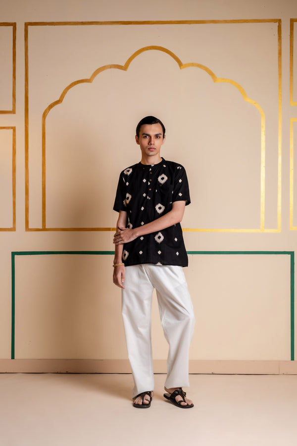 Men's Printed Short Cotton Kurta - Half Sleeve | Charcoal Abstract