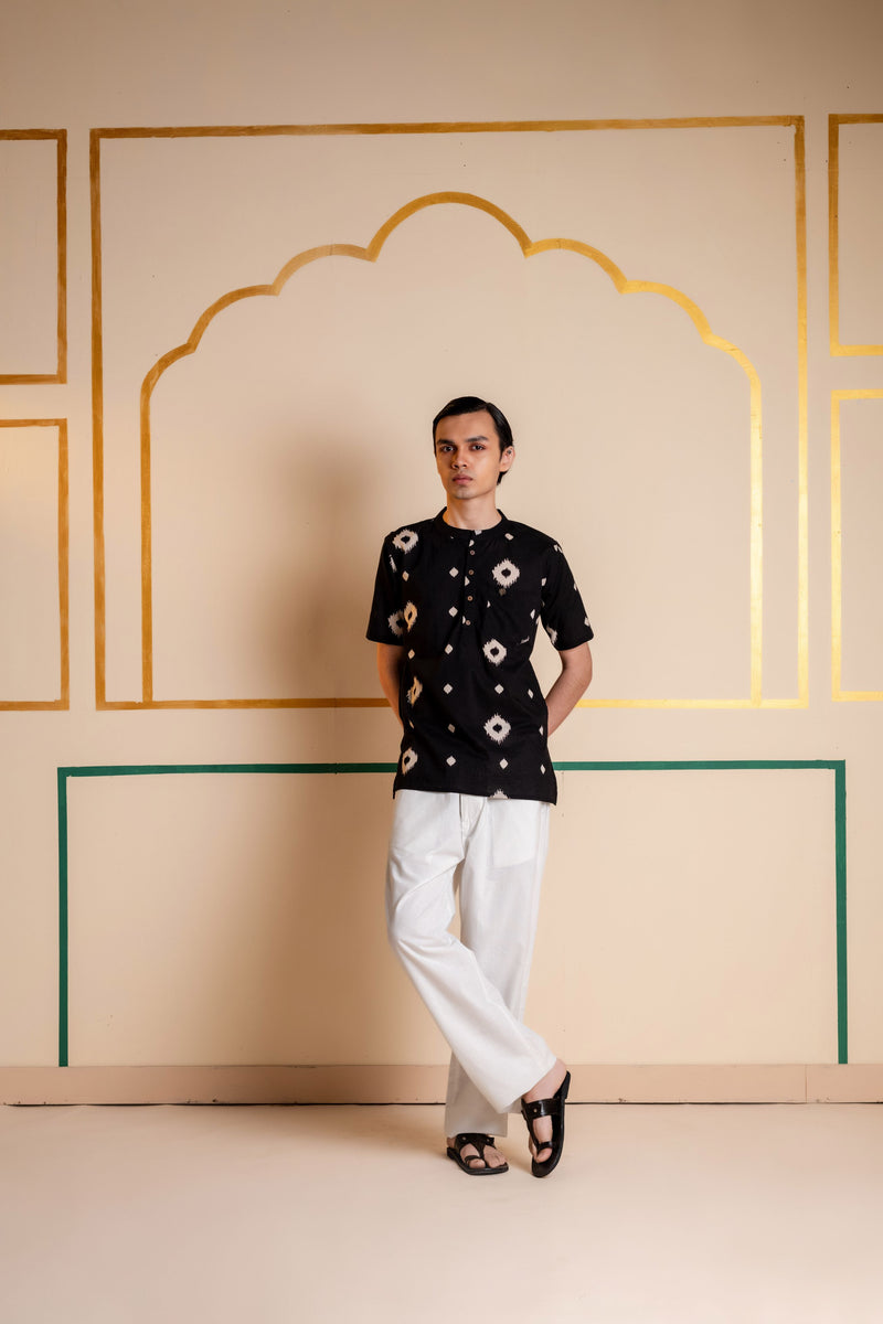 Men's Printed Short Cotton Kurta - Half Sleeve | Charcoal Abstract