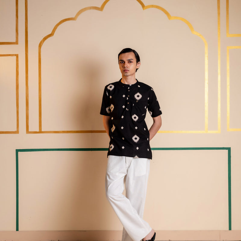 Men's Printed Short Cotton Kurta - Half Sleeve | Charcoal Abstract