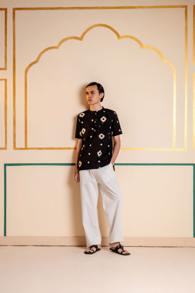 Men's Printed Short Cotton Kurta - Half Sleeve | Charcoal Abstract