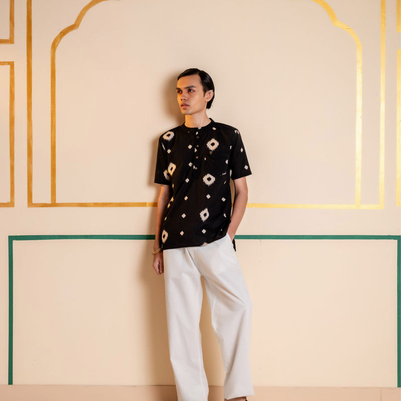 Men's Printed Short Cotton Kurta - Half Sleeve | Charcoal Abstract