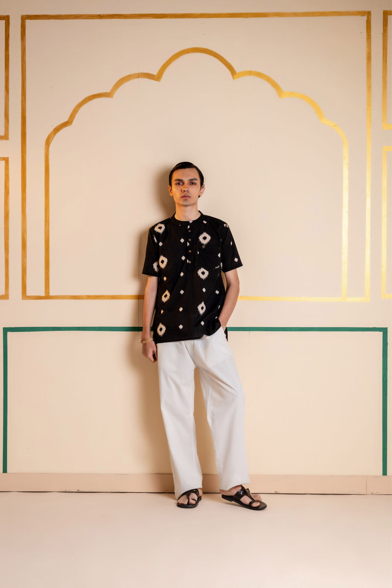 Men's Printed Short Cotton Kurta - Half Sleeve | Charcoal Abstract