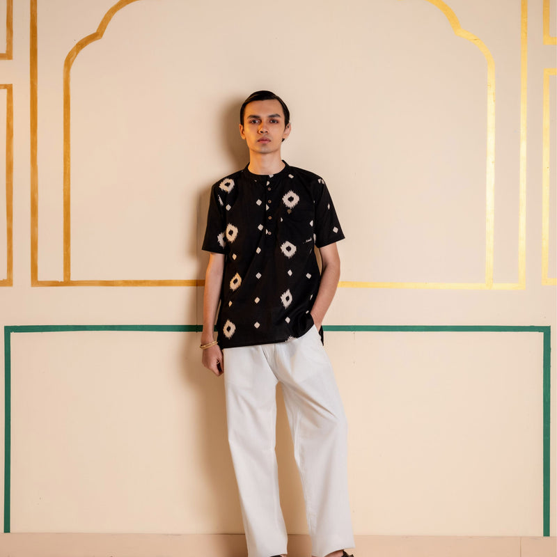 Men's Printed Short Cotton Kurta - Half Sleeve | Charcoal Abstract