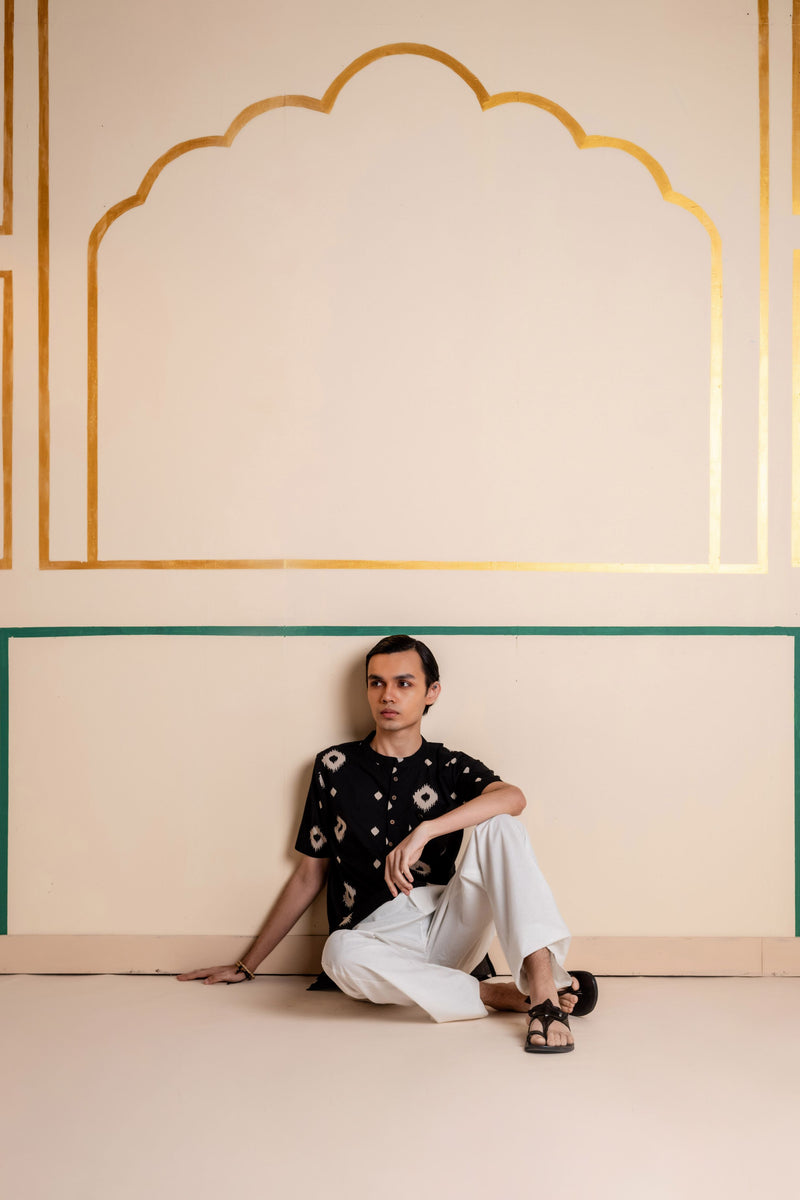 Men's Printed Short Cotton Kurta - Half Sleeve | Charcoal Abstract