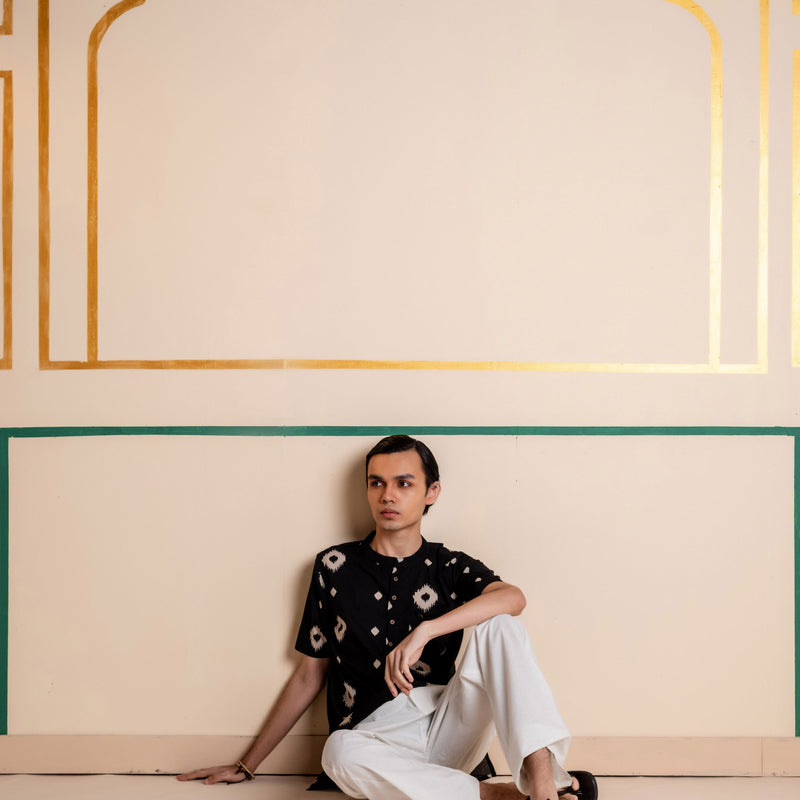 Men's Printed Short Cotton Kurta - Half Sleeve | Charcoal Abstract