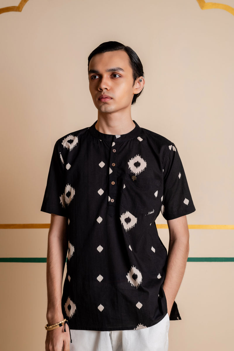 Men's Printed Short Cotton Kurta - Half Sleeve | Charcoal Abstract
