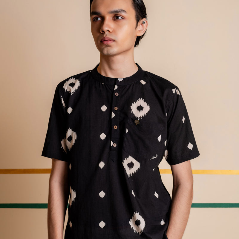 Men's Printed Short Cotton Kurta - Half Sleeve | Charcoal Abstract