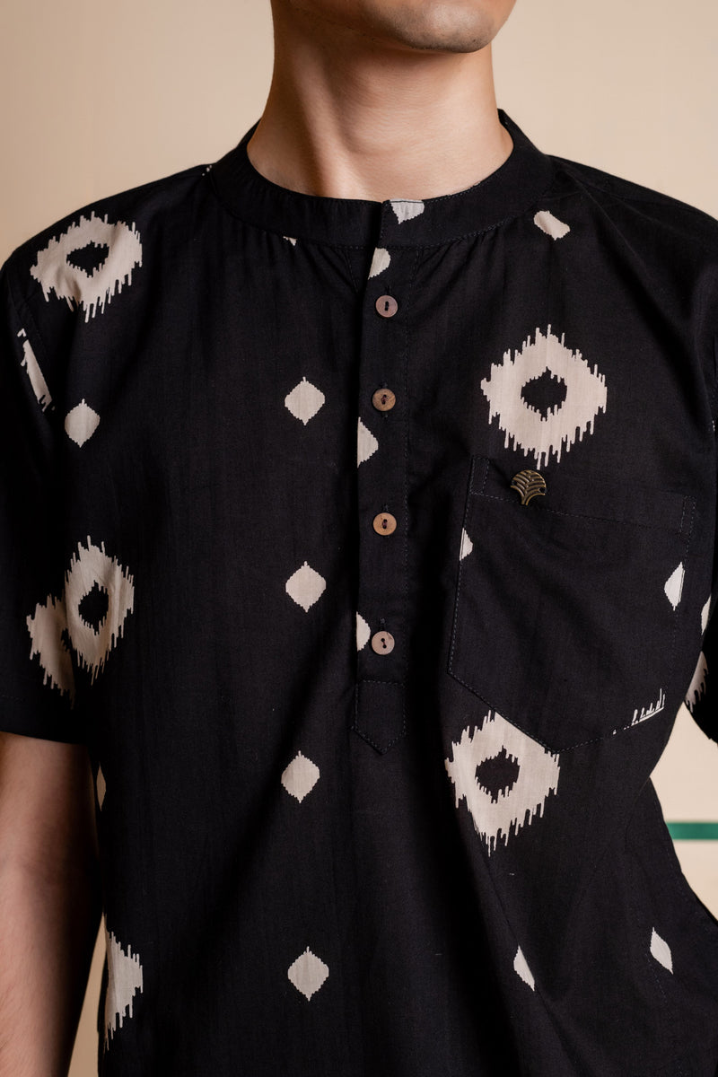 Men's Printed Short Cotton Kurta - Half Sleeve | Charcoal Abstract