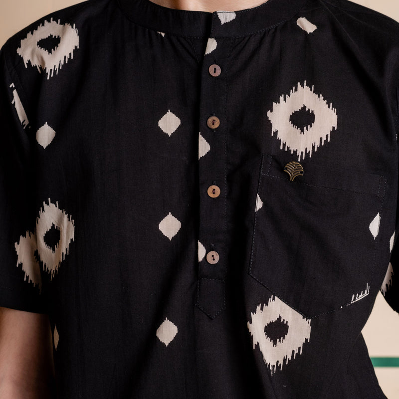 Men's Printed Short Cotton Kurta - Half Sleeve | Charcoal Abstract