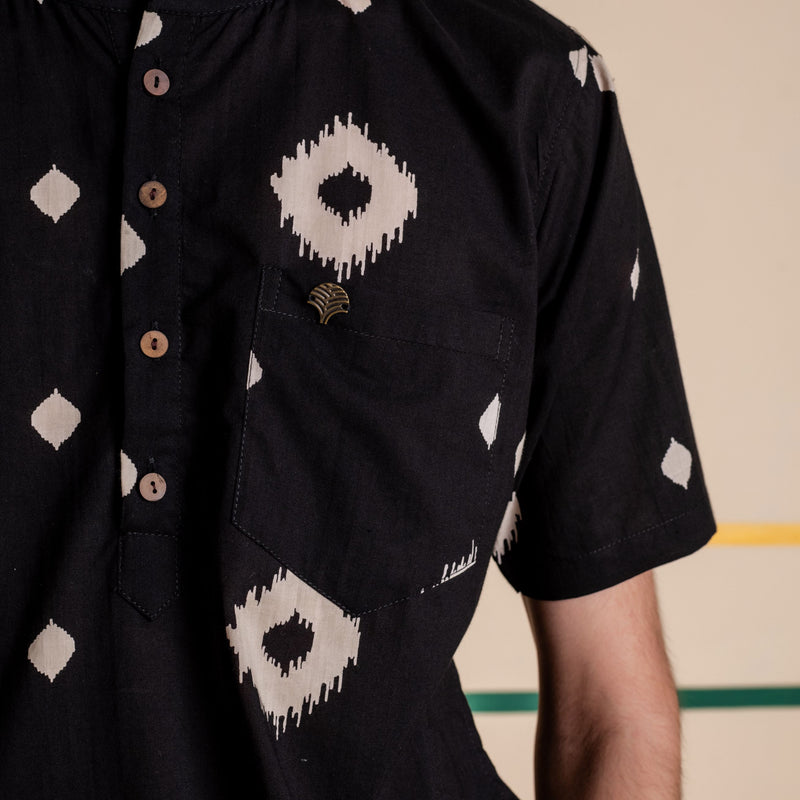 Men's Printed Short Cotton Kurta - Half Sleeve | Charcoal Abstract