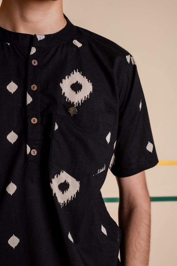Men's Printed Short Cotton Kurta - Half Sleeve | Charcoal Abstract