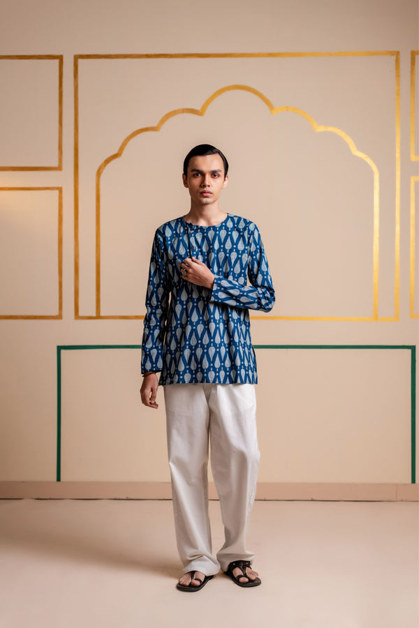 Men's Printed Side Placket Cotton Kurta - Full Sleeve | Indigo Leaf