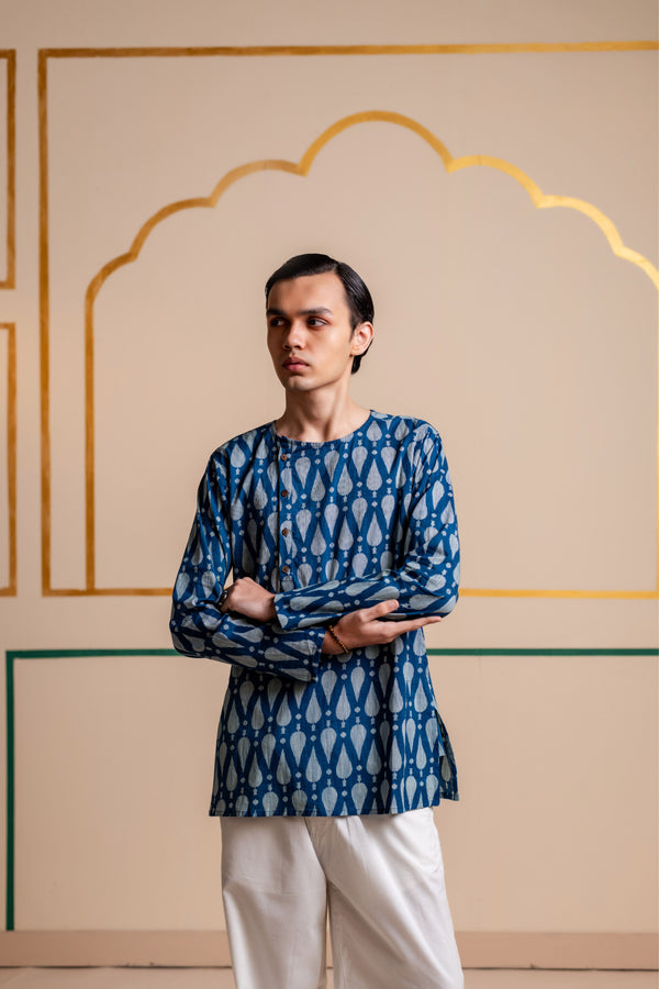Men's Printed Side Placket Cotton Kurta - Full Sleeve | Indigo Leaf
