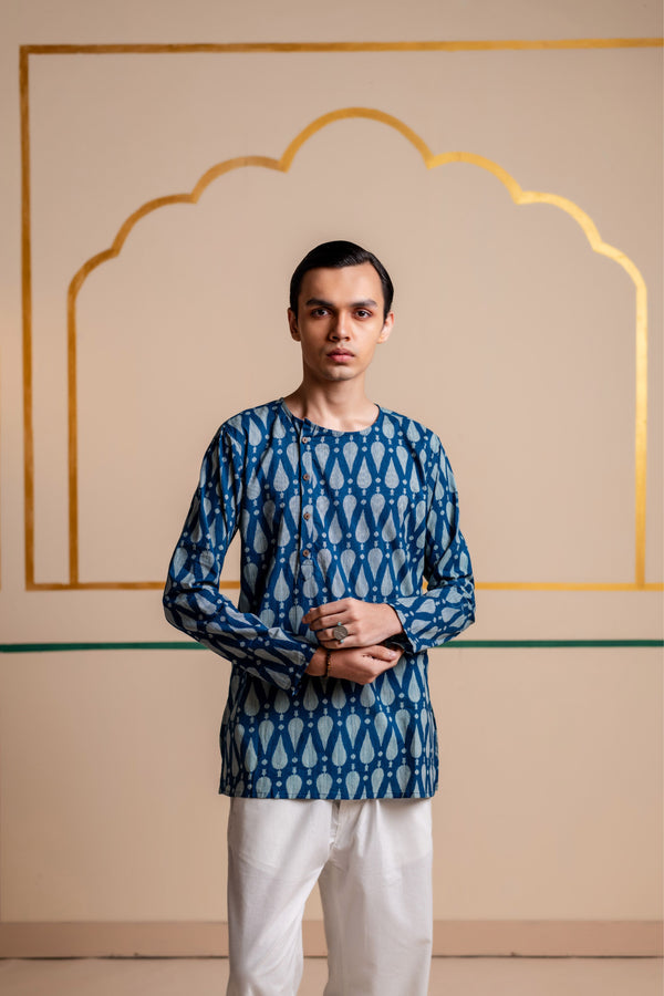 Men's Printed Side Placket Cotton Kurta - Full Sleeve | Indigo Leaf
