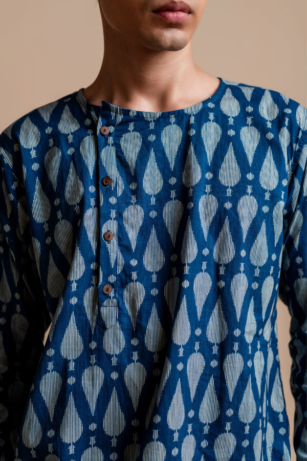 Men's Printed Side Placket Cotton Kurta - Full Sleeve | Indigo Leaf