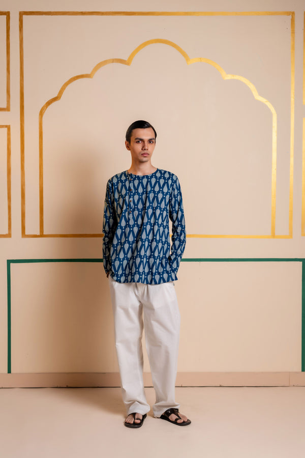Men's Printed Side Placket Cotton Kurta - Full Sleeve | Indigo Leaf