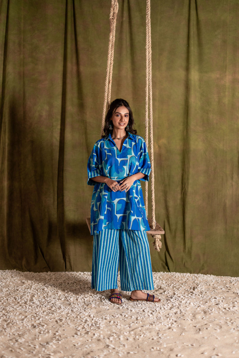 Kaftan Style Cotton Co-ord Set for Women | Blue Mirage