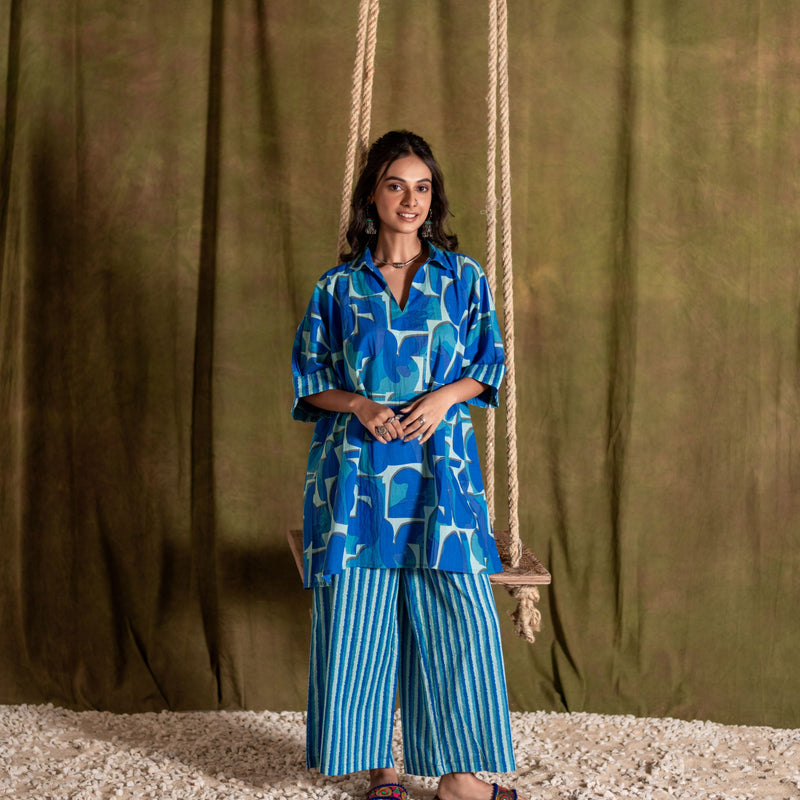 Kaftan Style Cotton Co-ord Set for Women | Blue Mirage