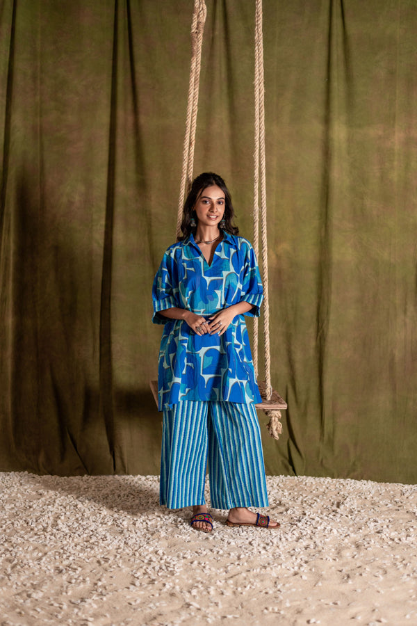 Kaftan Style Cotton Co-ord Set for Women | Blue Mirage