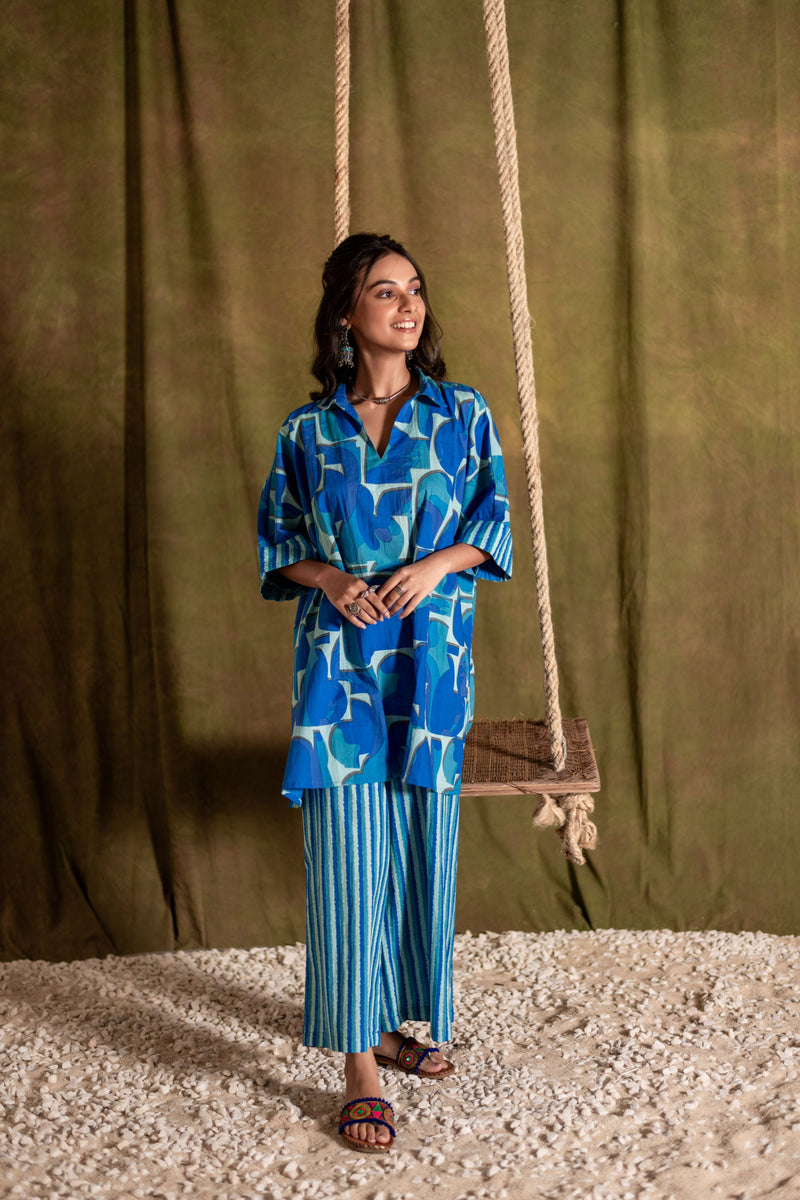 Kaftan Style Cotton Co-ord Set for Women | Blue Mirage