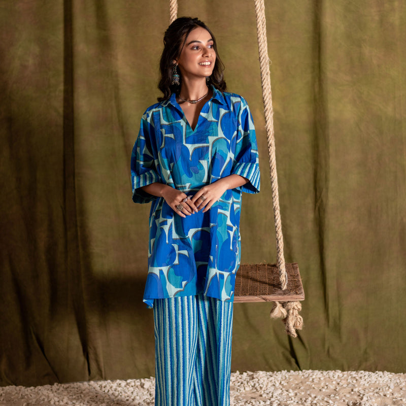 Kaftan Style Cotton Co-ord Set for Women | Blue Mirage