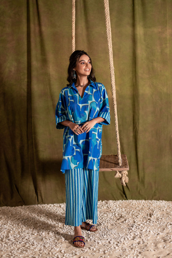 Kaftan Style Cotton Co-ord Set for Women | Blue Mirage