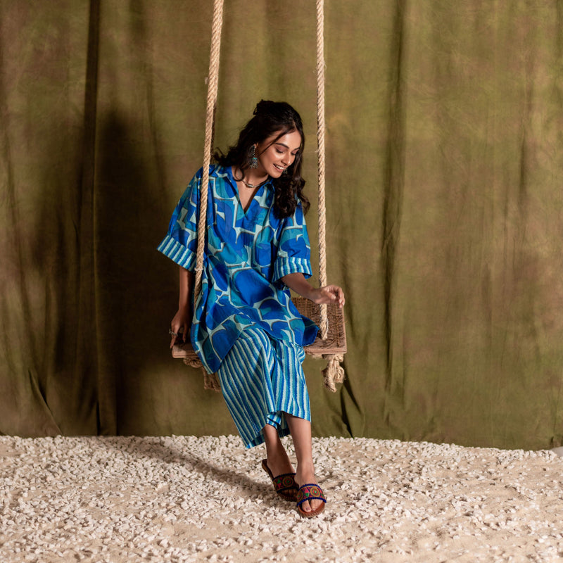 Kaftan Style Cotton Co-ord Set for Women | Blue Mirage