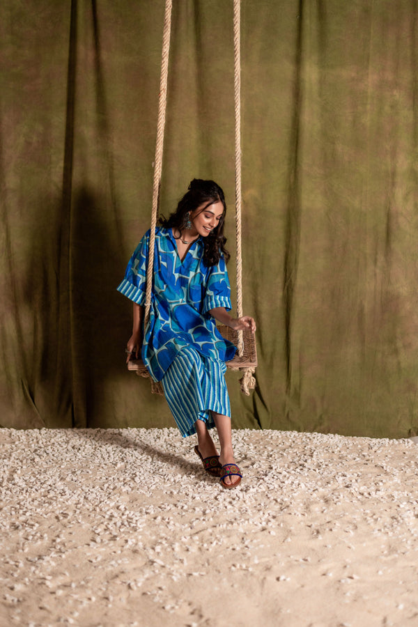 Kaftan Style Cotton Co-ord Set for Women | Blue Mirage
