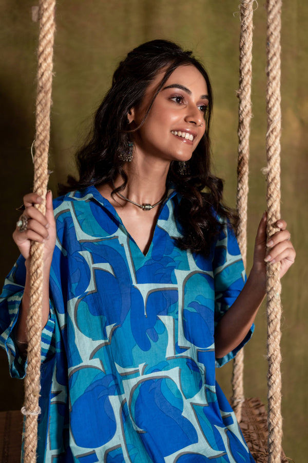 Kaftan Style Cotton Co-ord Set for Women | Blue Mirage