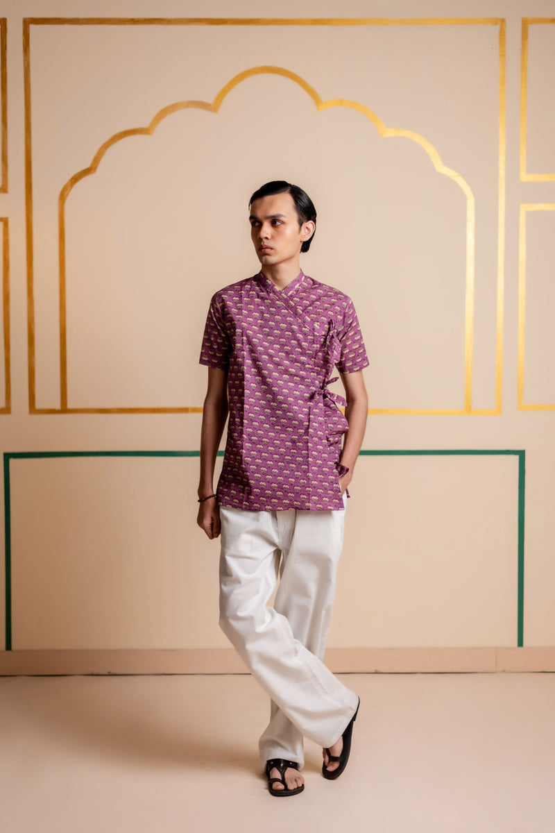 Men's Printed Cotton Angarakha Kurta - Half Sleeve | Mauve Lotus