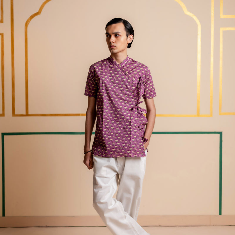 Men's Printed Cotton Angarakha Kurta - Half Sleeve | Mauve Lotus