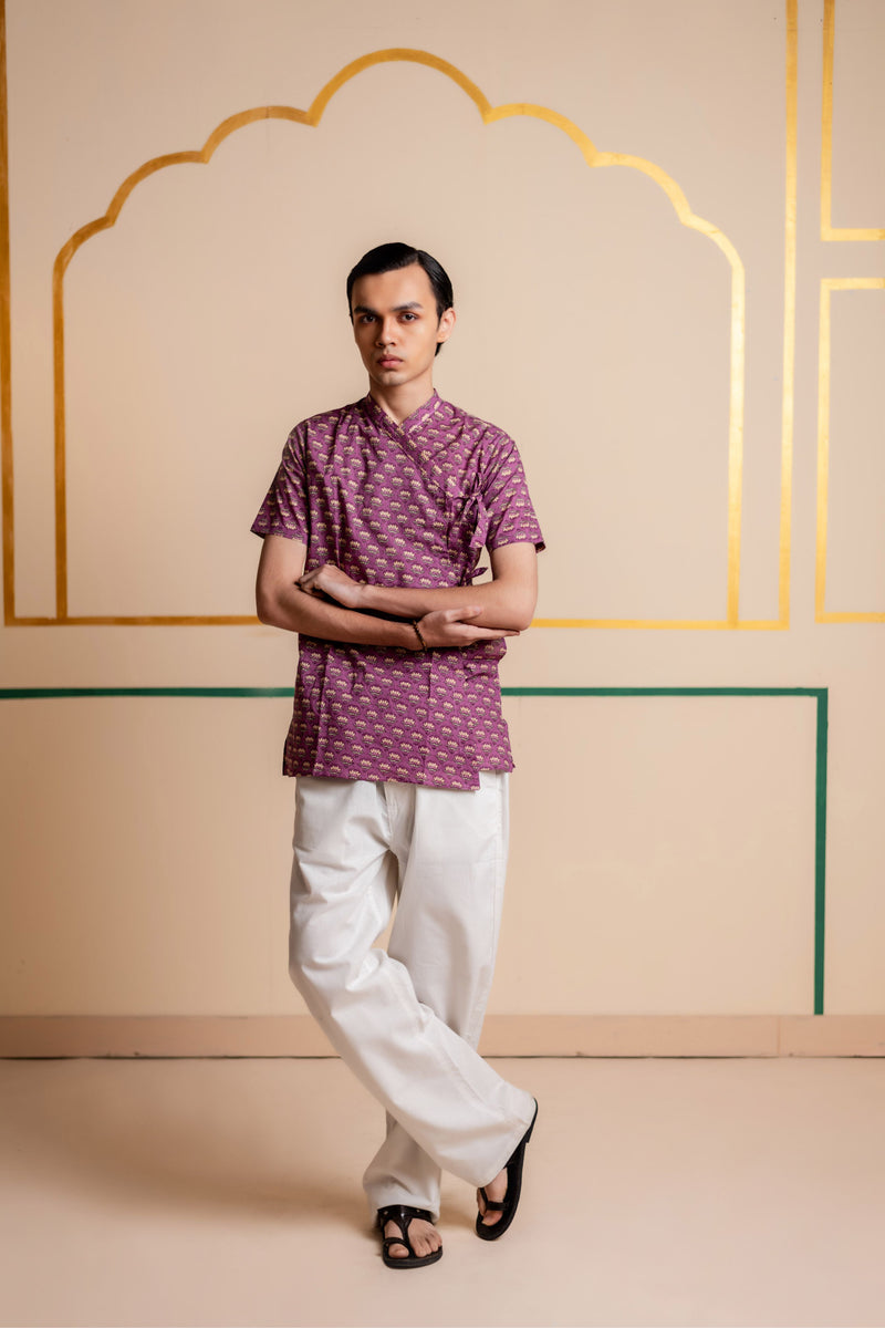 Men's Printed Cotton Angarakha Kurta - Half Sleeve | Mauve Lotus