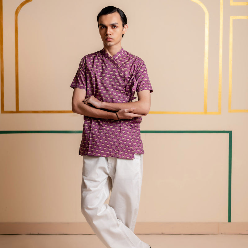 Men's Printed Cotton Angarakha Kurta - Half Sleeve | Mauve Lotus