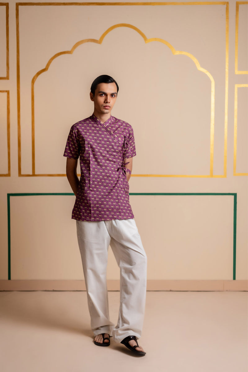 Men's Printed Cotton Angarakha Kurta - Half Sleeve | Mauve Lotus