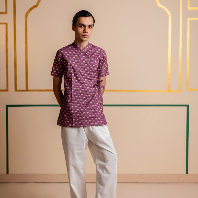 Men's Printed Cotton Angarakha Kurta - Half Sleeve | Mauve Lotus