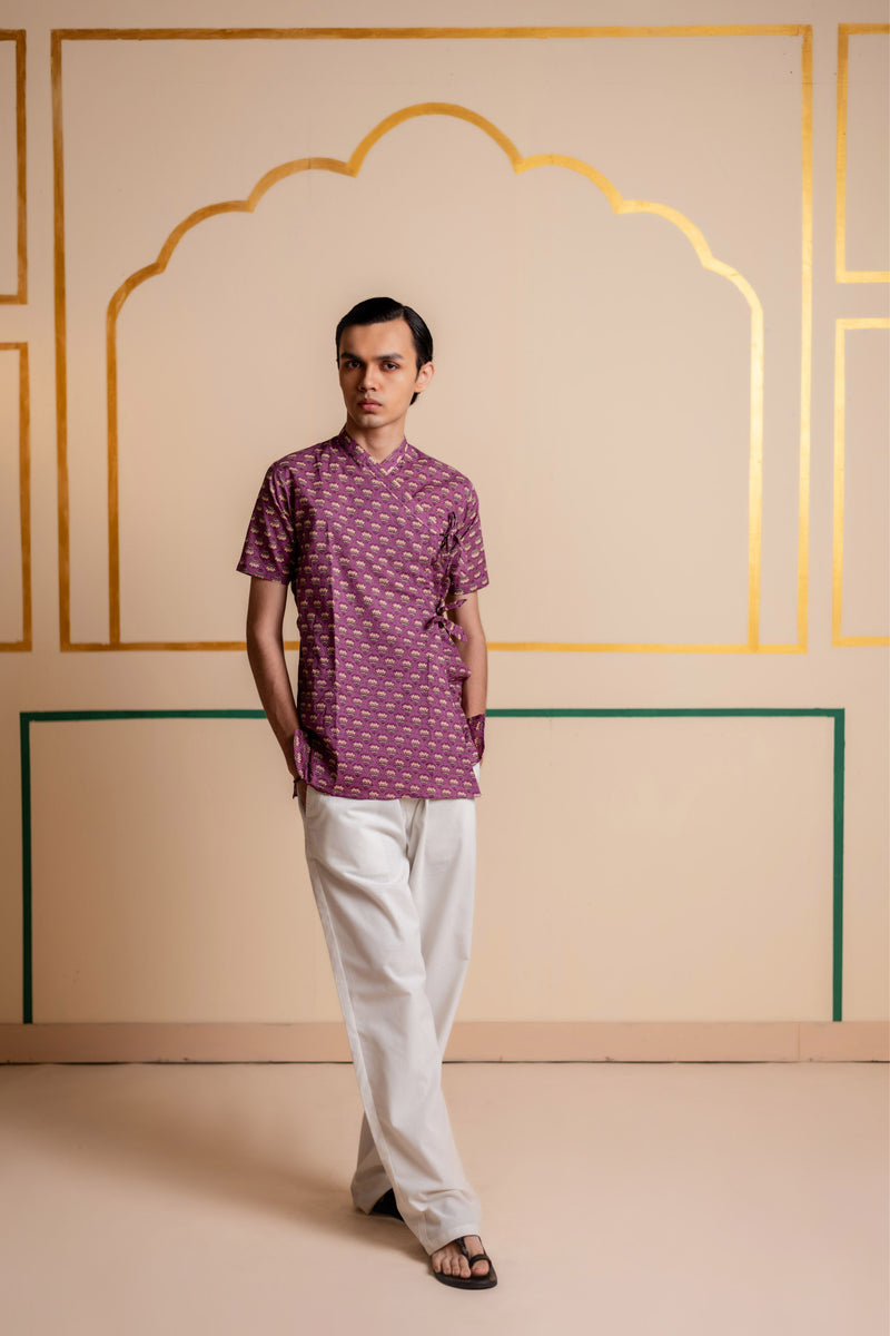 Men's Printed Cotton Angarakha Kurta - Half Sleeve | Mauve Lotus