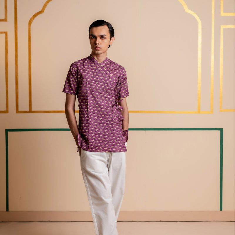 Men's Printed Cotton Angarakha Kurta - Half Sleeve | Mauve Lotus