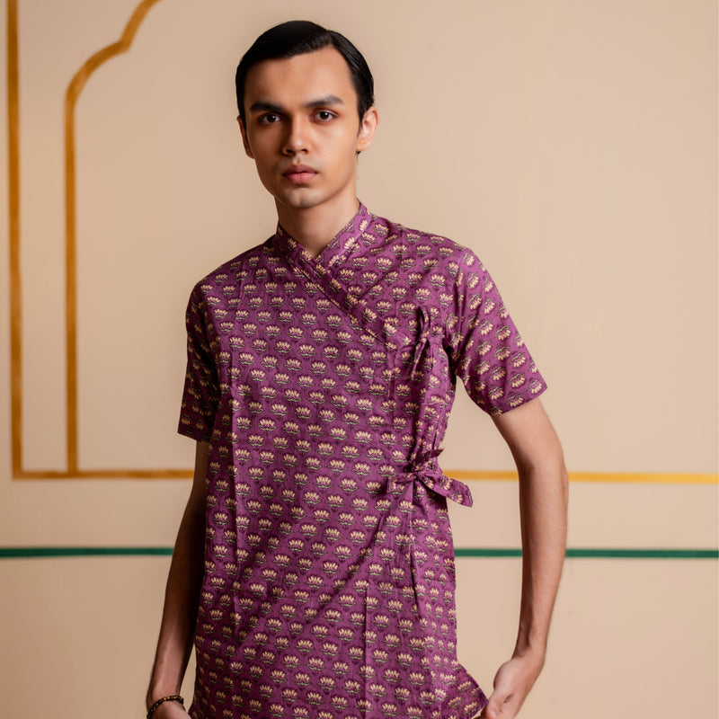 Men's Printed Cotton Angarakha Kurta - Half Sleeve | Mauve Lotus