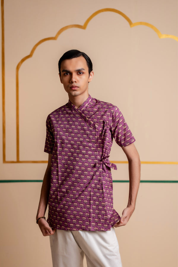 Men's Printed Cotton Angarakha Kurta - Half Sleeve | Mauve Lotus