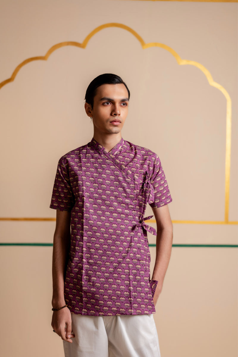 Men's Printed Cotton Angarakha Kurta - Half Sleeve | Mauve Lotus