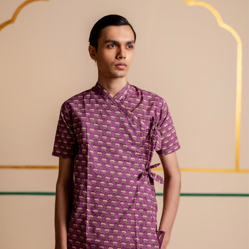 Men's Printed Cotton Angarakha Kurta - Half Sleeve | Mauve Lotus