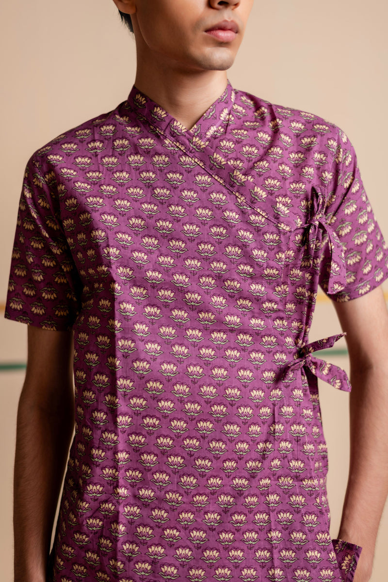 Men's Printed Cotton Angarakha Kurta - Half Sleeve | Mauve Lotus