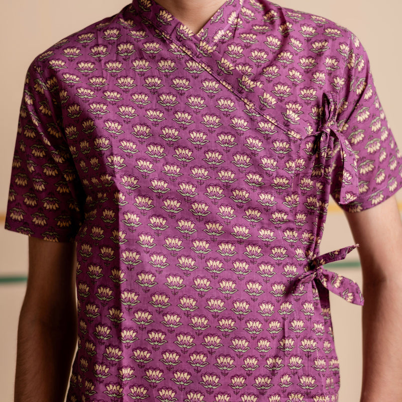 Men's Printed Cotton Angarakha Kurta - Half Sleeve | Mauve Lotus