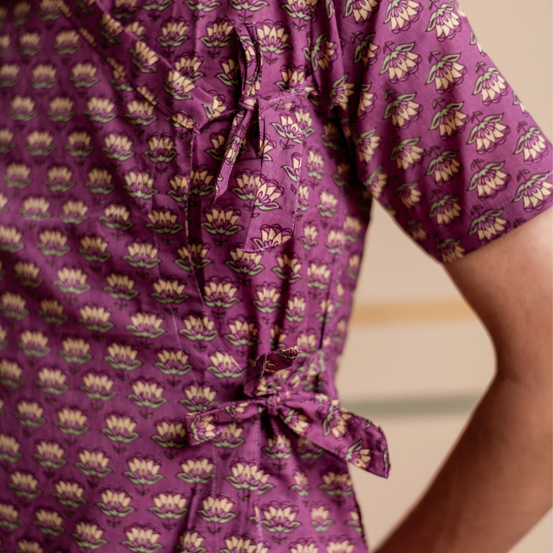 Men's Printed Cotton Angarakha Kurta - Half Sleeve | Mauve Lotus