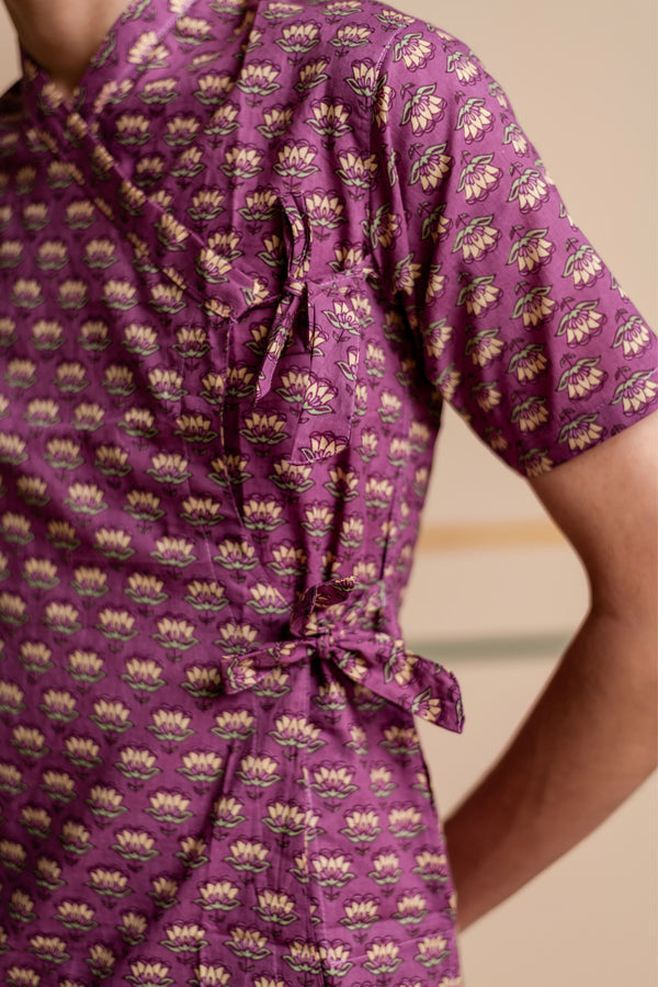 Men's Printed Cotton Angarakha Kurta - Half Sleeve | Mauve Lotus