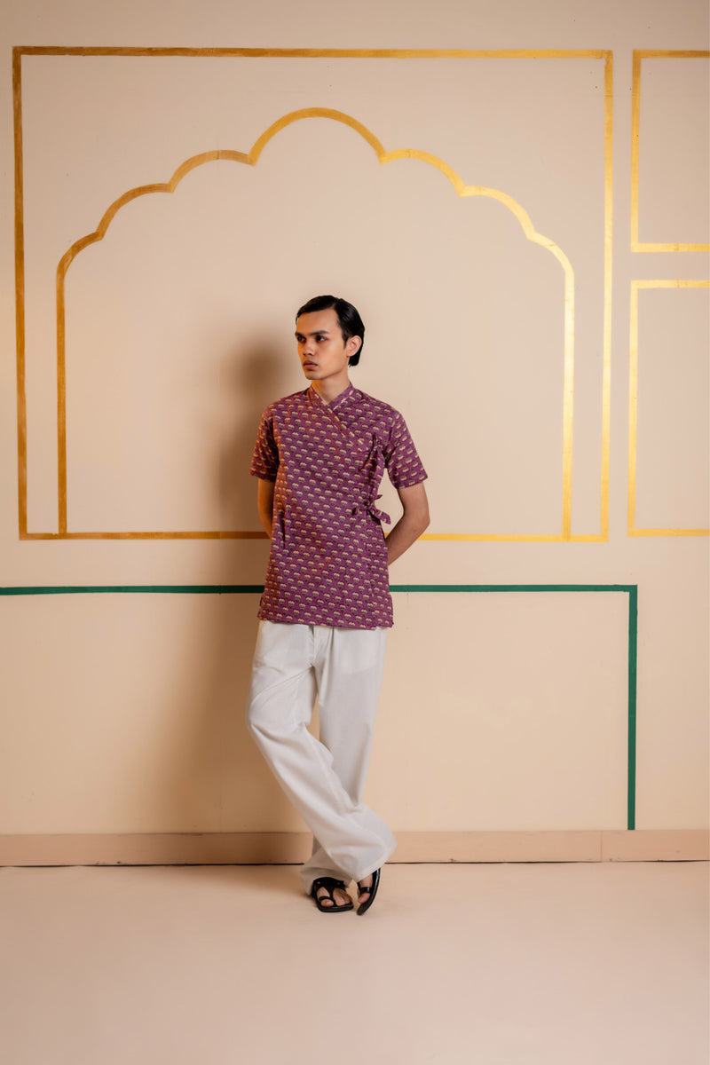Men's Printed Cotton Angarakha Kurta - Half Sleeve | Mauve Lotus