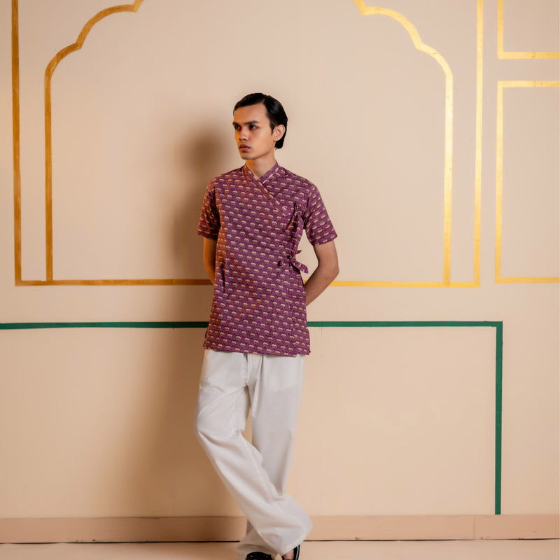 Men's Printed Cotton Angarakha Kurta - Half Sleeve | Mauve Lotus