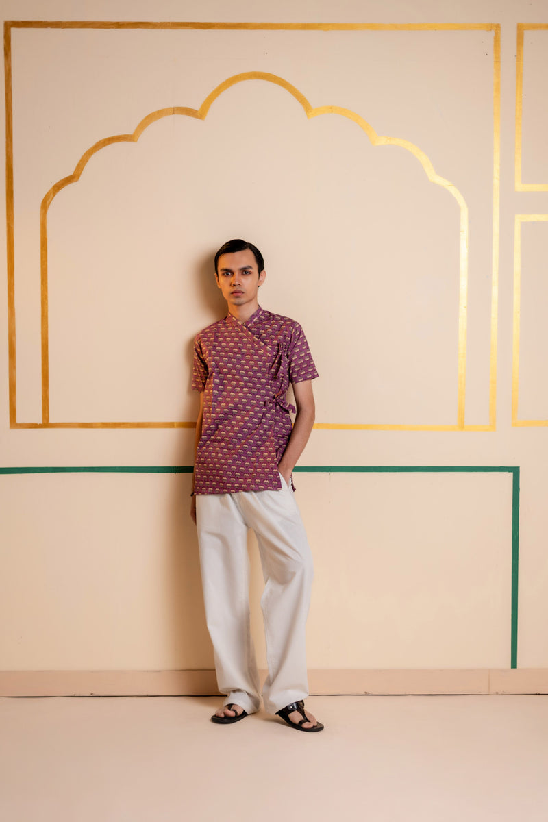 Men's Printed Cotton Angarakha Kurta - Half Sleeve | Mauve Lotus
