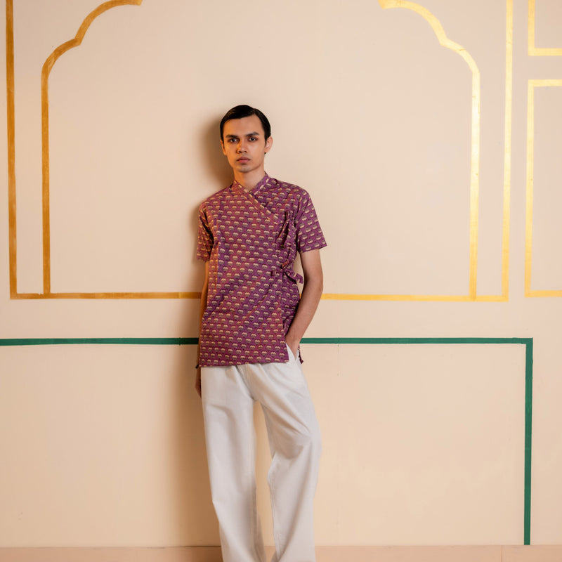 Men's Printed Cotton Angarakha Kurta - Half Sleeve | Mauve Lotus
